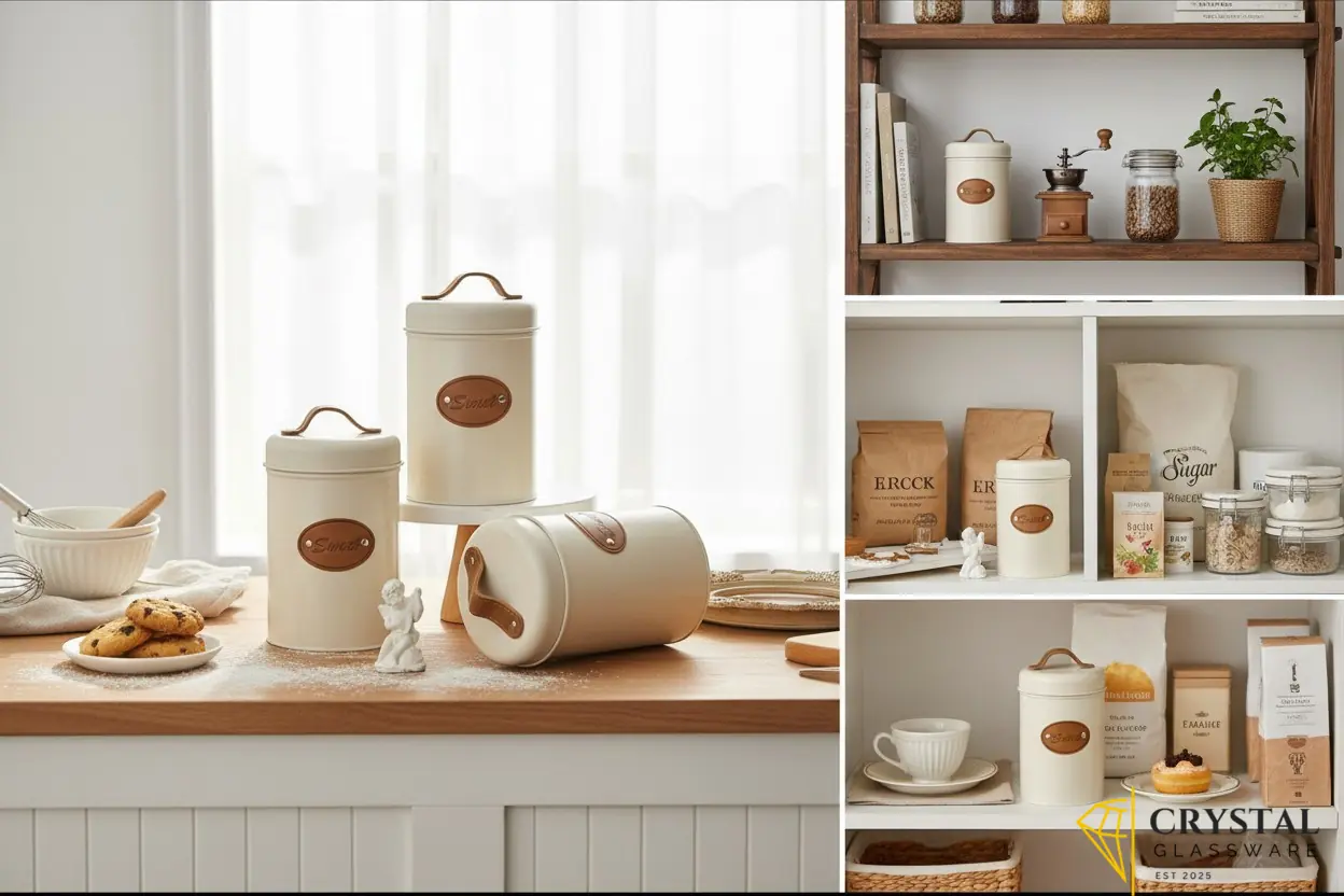 3 white galvanized iron canisters features airtight lids with PU leather handles for storing kitchen essentials like coffee, tea, or sugar